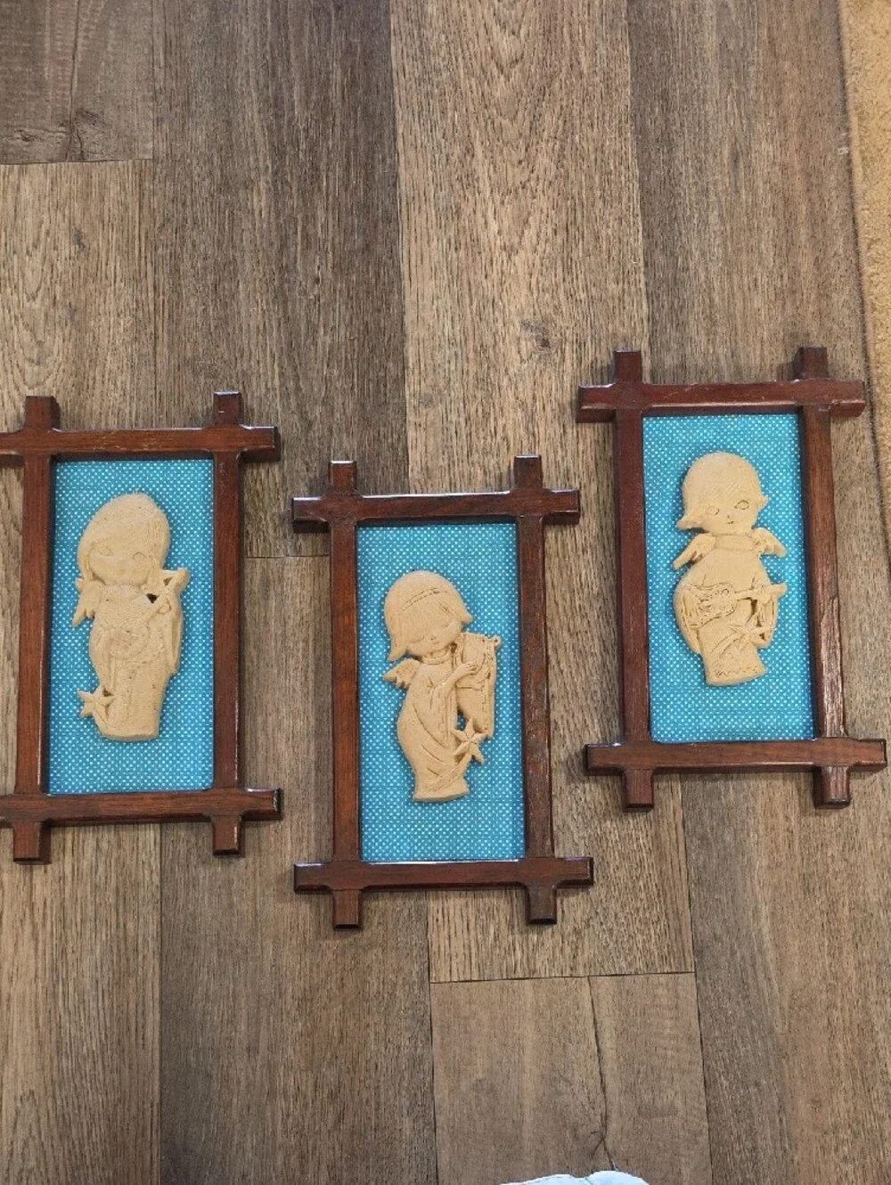 MCM Blue Backed Wall Plaque Triptych with Dark Wood Frames Vintage Angels.